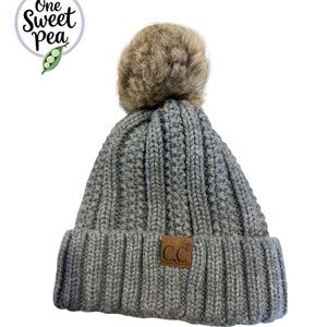 C.C Gray Beanie with Fur Pom Pom